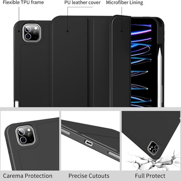 iPad Pro 11 M4 5th Gen Case Trifold Stand Auto Sleep/Wake Pencil Holder Black - Picture 2 of 4